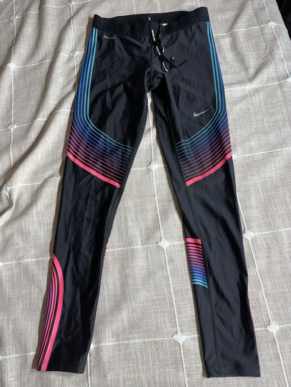 Nike Dri-FIT S Running Compression Leggings Striped Drawstring 26"